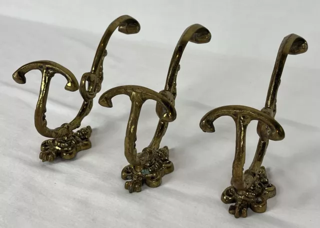 Set of 3 Antique Ornate Cast Brass Coat Hat Rack Wall or Hall Tree Double Hooks