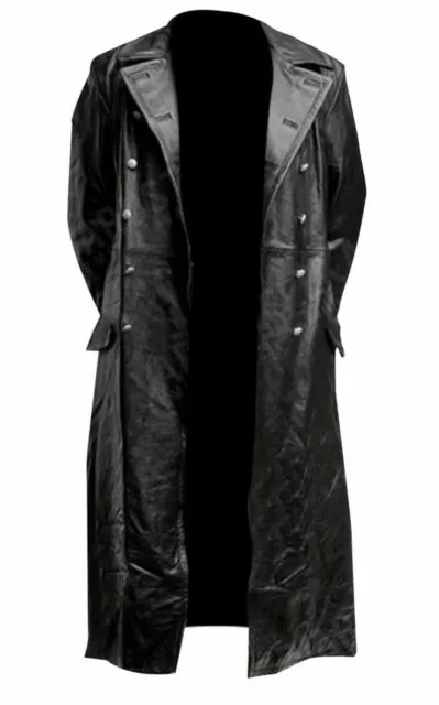 New German Classic Ww2 Men's Military Officer Uniform Black Leather Trench Coat