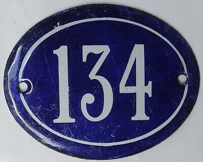 Old blue oval French house number 134 door gate plate plaque enamel steel sign