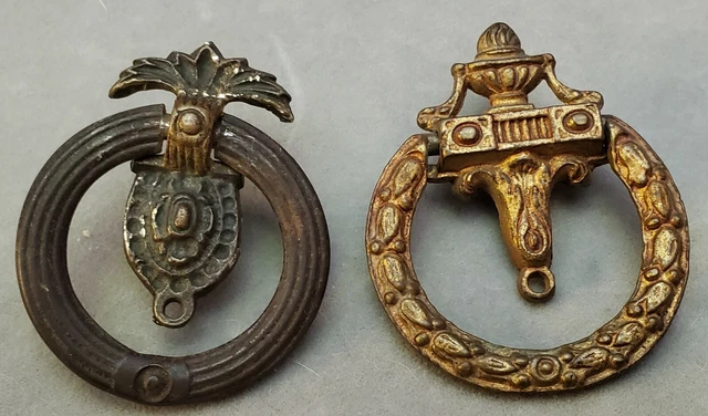 2 c1850 Small Drawer Ring Pulls Bronze Gilt Brass NICE Antique Hardware Vintage
