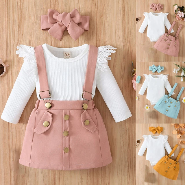 Newborn Baby Girls Long Sleeve Outfits Lace Romper Tops Strap Dress Skirt Set UK