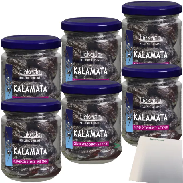 Liakada Kalamata Oliven Getrocknet mit Stein 6er Pack 6x110g Glas usy Block