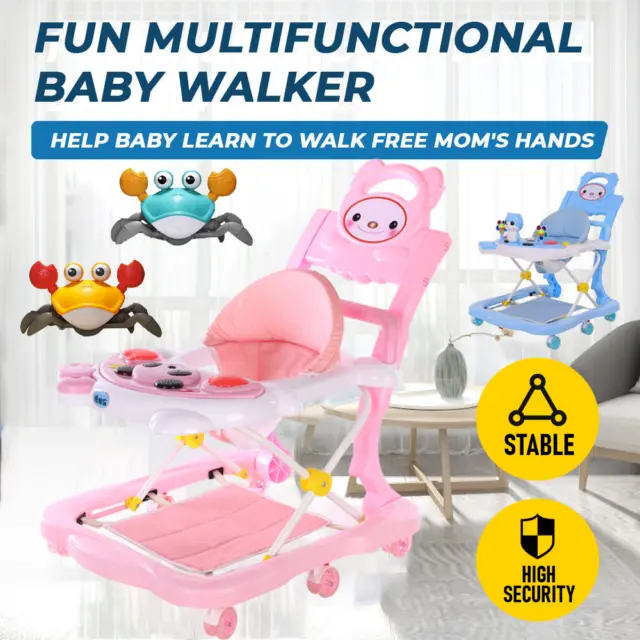 Upgraded adjustable baby walker stroller music children ridin toy car music crab