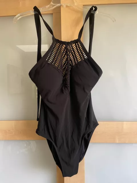 New Robin Piccone 'Sophia' Crochet Neck One-Piece Swimsuit  Size 8 Black