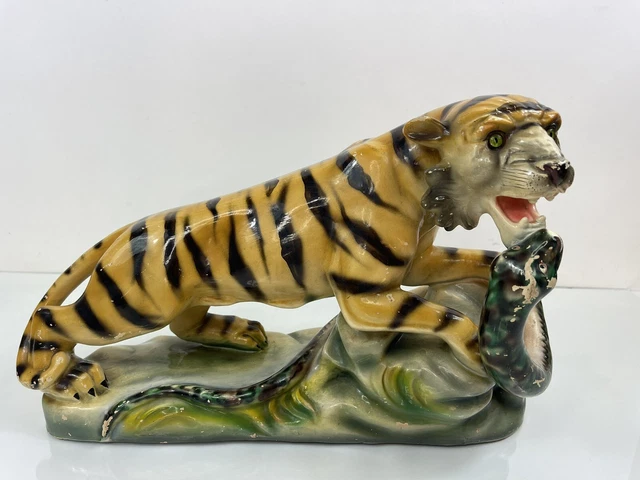 Vintage TIGER & SNAKE Large Vintage Decorative Art Pottery Statue Portugal
