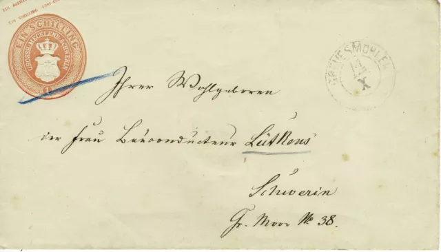GREVESMÜHLEN - SCHWERIN, GA Umschlag 3 Schillinge 14.10.1864, komplettes Siegel.