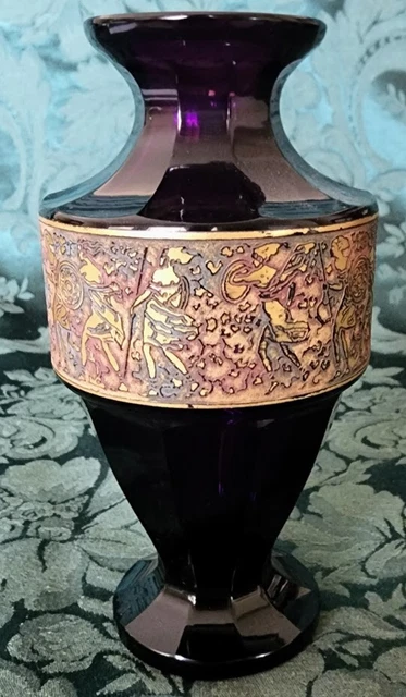 MOSER Cabinet Vase Amethyst, Paneled, Gold, Multi-Colored Frieze (Rare & Unique)