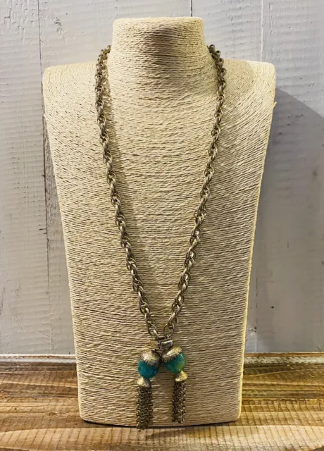 Antique 1920's Art Deco Silver Lariat Chain Green Crackle Glass Drop Necklace