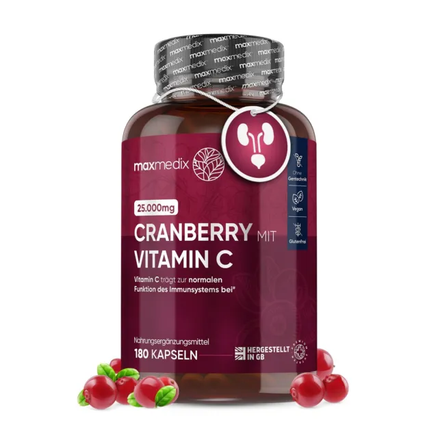 Cranberry mit Vitamin C - 180 Kapseln - 25.000mg - für Frauen & Männer - Vegan