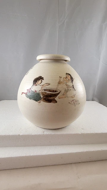 Korean Buncheong Pottery Haenggo Jar Tea Jar Vase  6” Signed 2 Girls Cooking