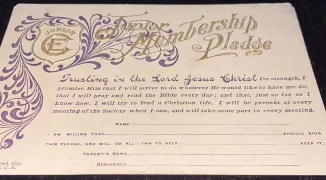 Antique Shriners Junior Membership Pledge Card (1893)