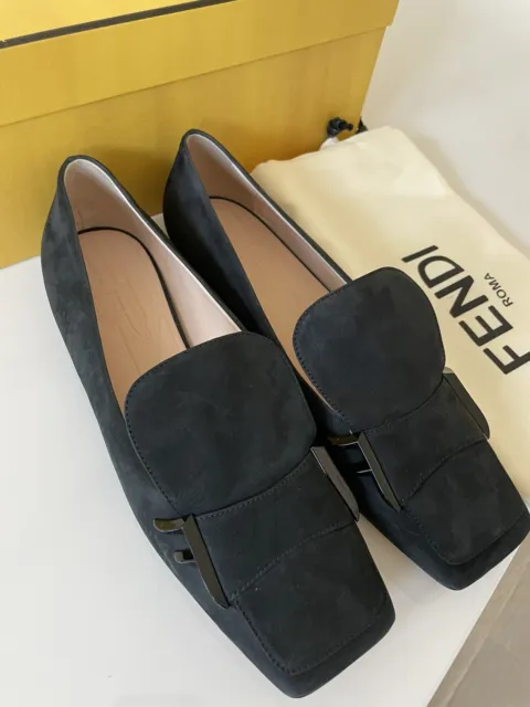 NIB Fendi Black Suede Leather Loafers Flats 39 Logo
