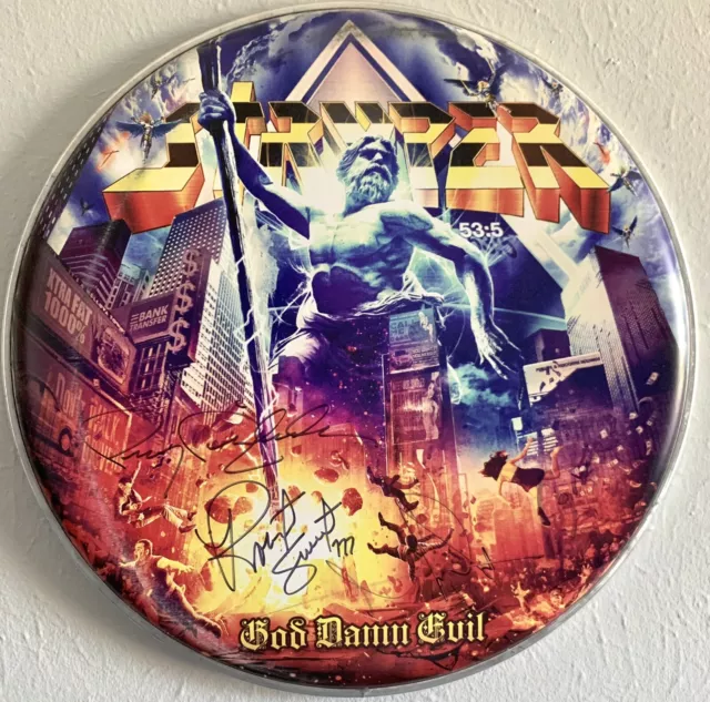 Stryper band fully autographed 14" drumhead 2015 God Damn Evil Tour signed RARE!