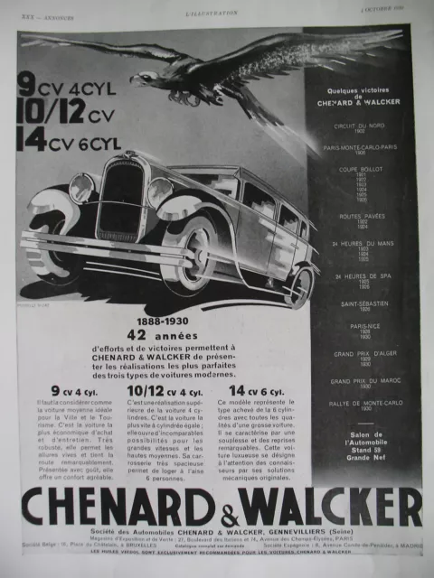 Publicite De Presse Chenard & Walcker Automobile Depuis 1888 French Ad 1930