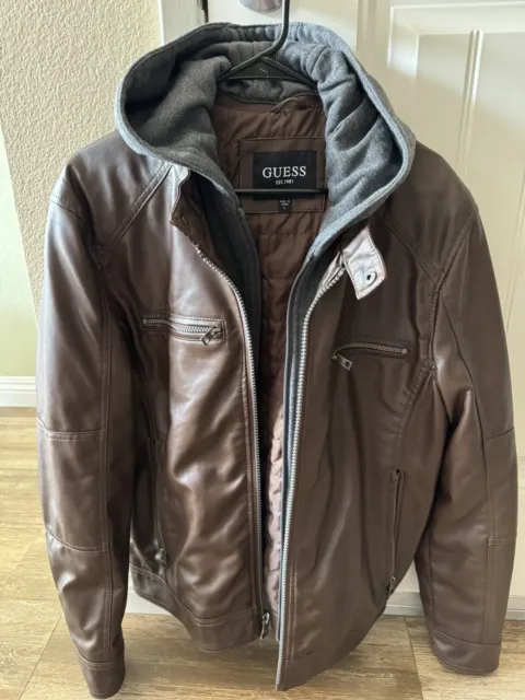 Guess faux leather jacket men Brown Large  With Removable Hood