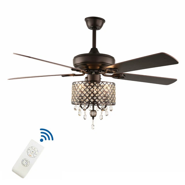 52" Crystal Ceiling Fan Light with 5 Wood Blades Remote Control for Dinning Room