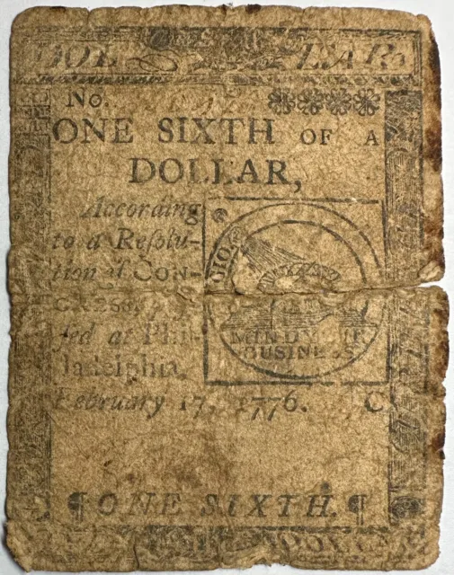Fr. CC-19, Feb 17, 1776, $1/6 Fugio Continental Currency, One Sixth of a Dollar