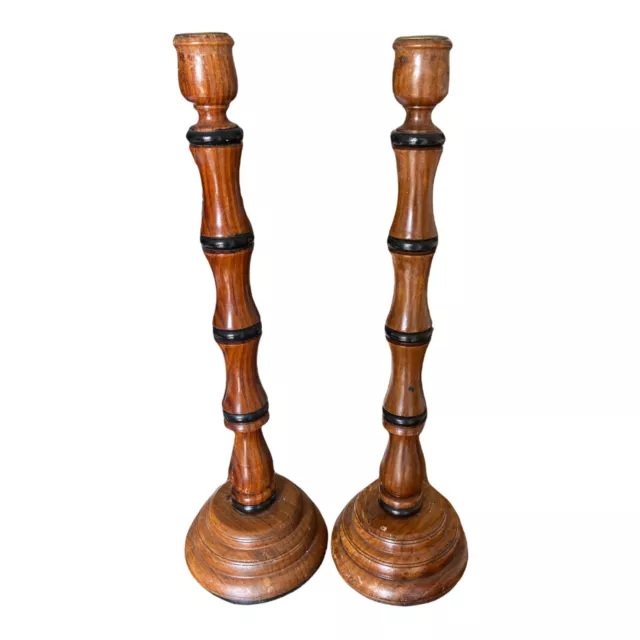 English Carved Wood Barley Twist Candlesticks With Brass Candle Cups - a  Pair/ Sold