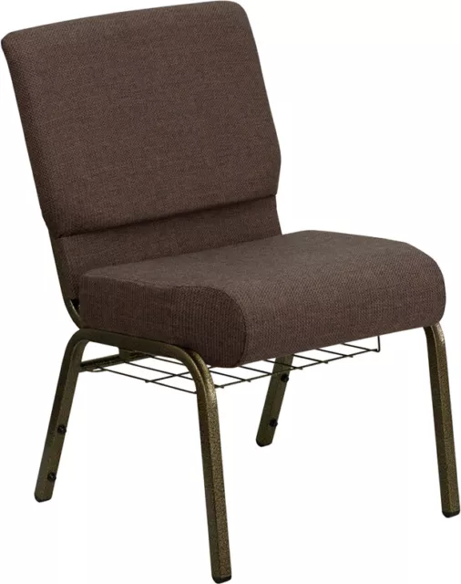 10 PACK 21'' Wide Brown Fabric Church Chair with Book Rack and Gold Vein Frame