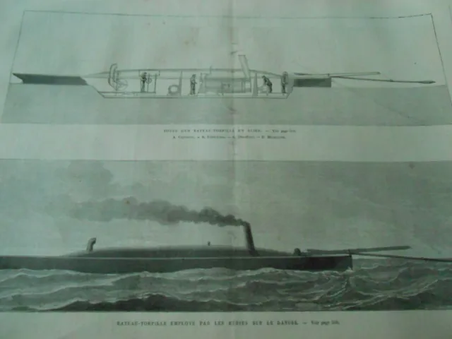 Gravure 1877 - Bateau Torpille par les Russes sur le Danube coupe d'un bateau
