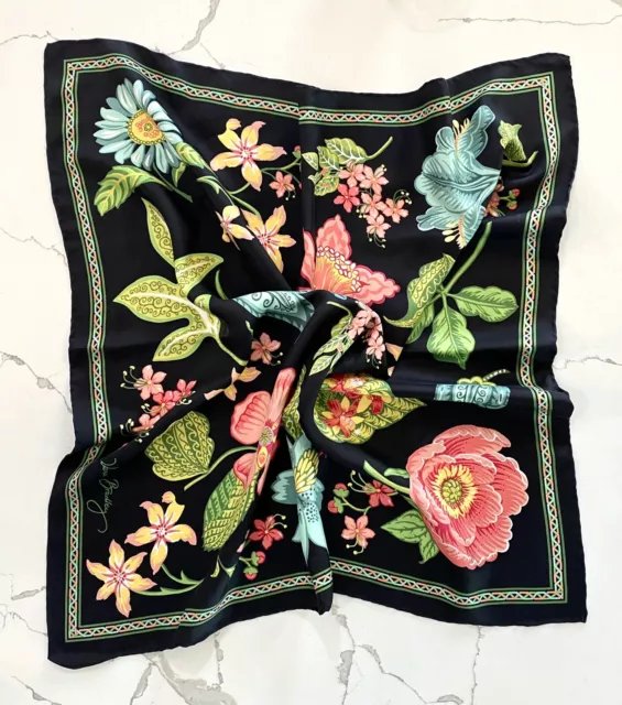 VERA BRADLEY 100% SILK Mod Black Pink Blue Florals Scarf Retro  27 in Square