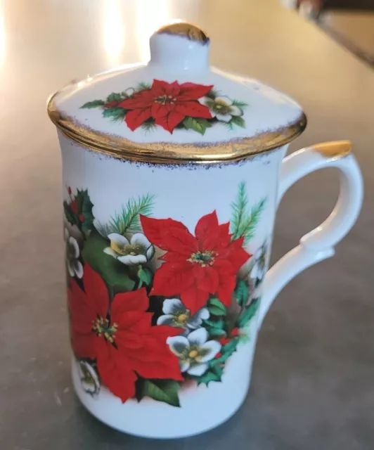 Vtg St. George Christmas Poinsettias Bone China Lidded Tea Cup Mug England