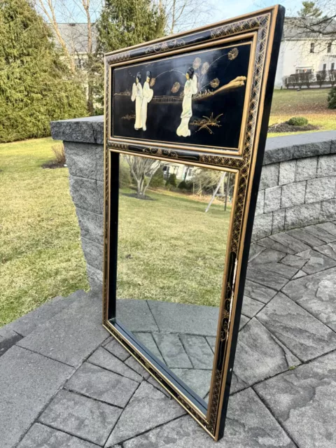 VTG Chinese Black Lacquer Mother of Pearl Panel Oriental Mirror 38x24”