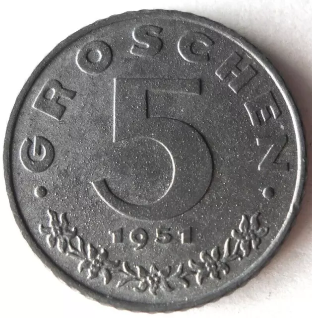1951 AUSTRIA 5 GROSCHEN - Great Coin - Free Ship - Bin #LC 89