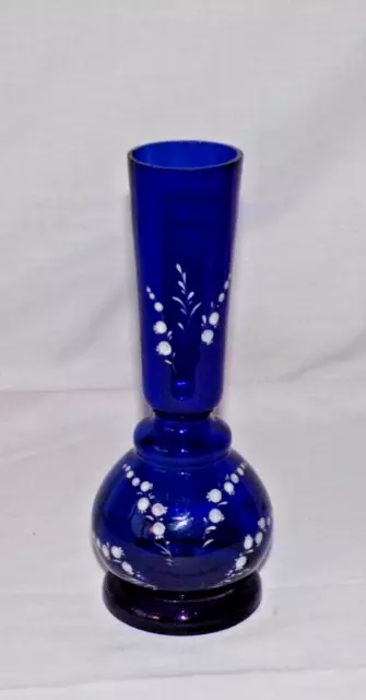 Decorative Victorian Bristol Blue Bulbous Glass Vase White Enameled Berries L@@K