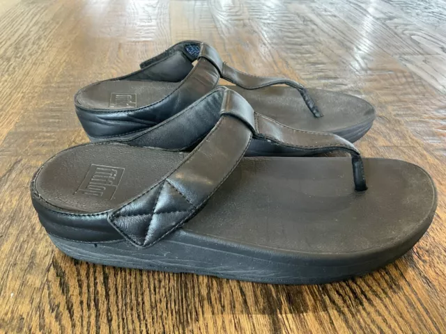 FitFlop Fino Thong Wedge Sandals Women's US 9 Black Comfort Flip Flop T-Strap