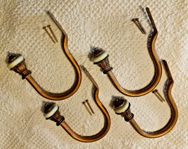 Set of Four Antiqued Gold Finish Curtain Tiebacks Holdbacks Hooks - NICE!