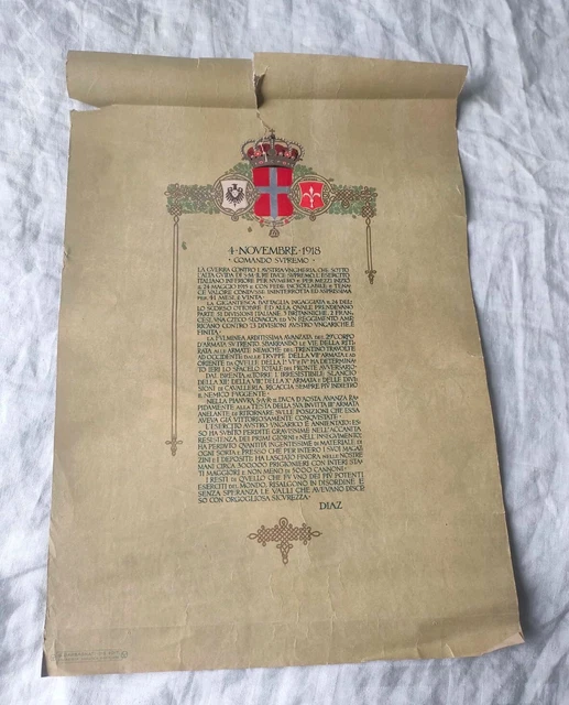 Manifesto Prima Guerra Mondiale Bollettino Della Vittoriai 4 /11/1918 Diaz