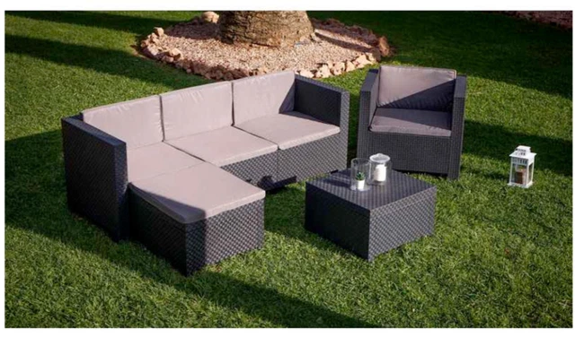 SOLDES Salon de Jardin Canapé d'angle + Fauteuil + Coussins + Table Basse Résine