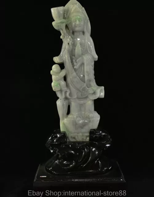 15.2" Chinese Natural Emerald Jadeite Jade Carving Guanyin Goddess Tongzi Statue