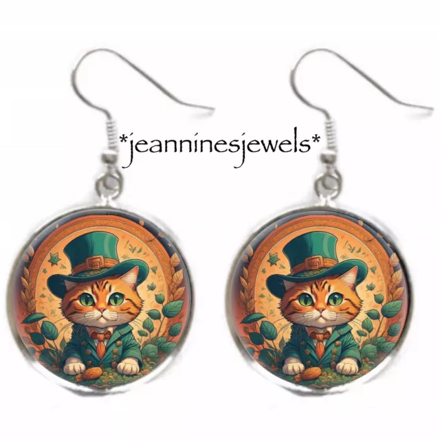 Marmalade Cat EARRINGS Irish St Patricks Day Cat Mom Gift Silver Charm Dangle