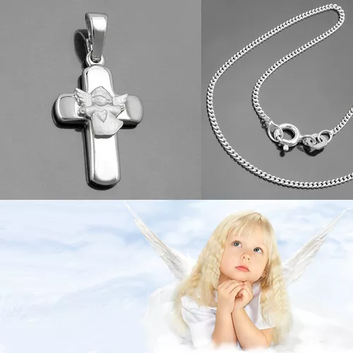 Kinder Kommunion Taufe Kreuz Anhänger Schutzengel mit Herz und Kette Silber 925