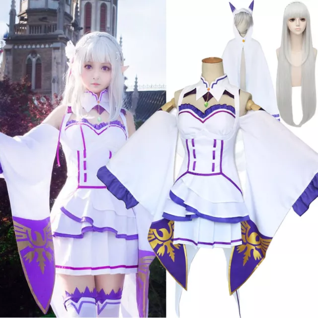 Re Zero Dress Sets cloak Wig Women Emilia Cosplay costume Anime Party Halloween