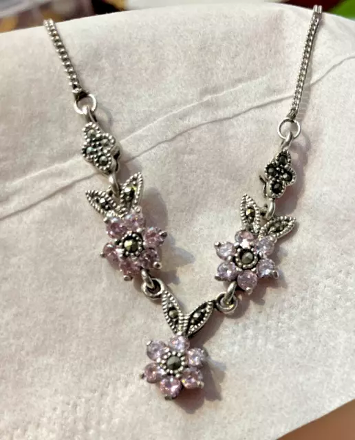 Pretty Sterling Silver 925 Marcasite and Pink/Purple Crystal Flower 16" Necklace