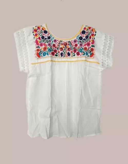 Mexican Traditional Floral Embroidery Women's Tunic Blouse White Top M