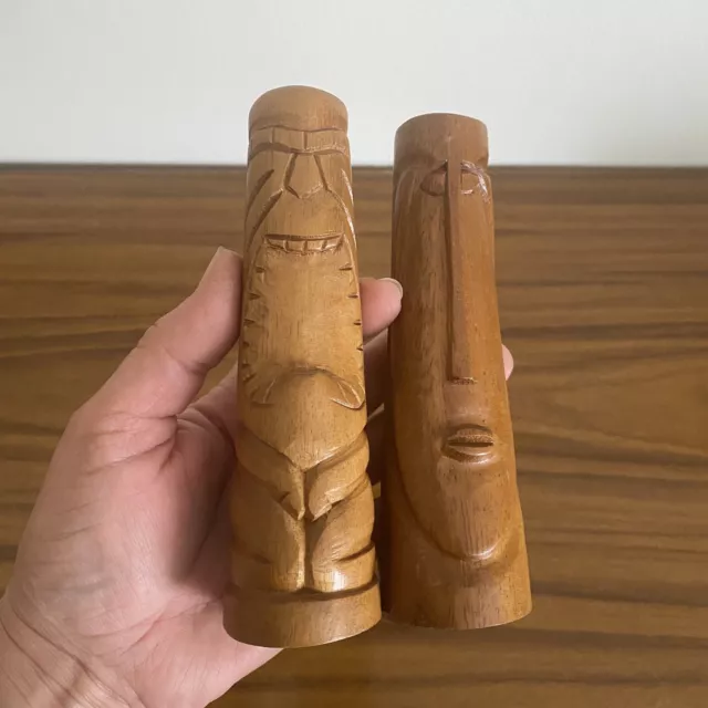 Vintage 70s HAWAIIAN Hand CARVED Wood TIKI Salt & Pepper SHAKERS Cork STOPPERS 3