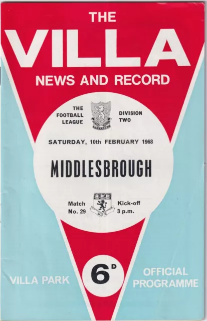 Aston Villa v Middlesbrough 1968 Football Programme News & Record #29 vintage