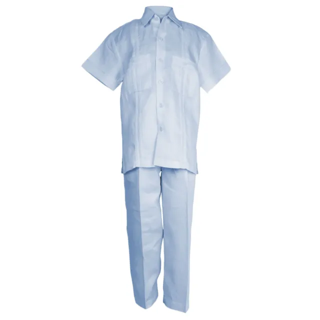 Ragazzi Blu 100% Lino Set Guayabera Camicia con Tasche & Pantalone Taglie 4 A 18