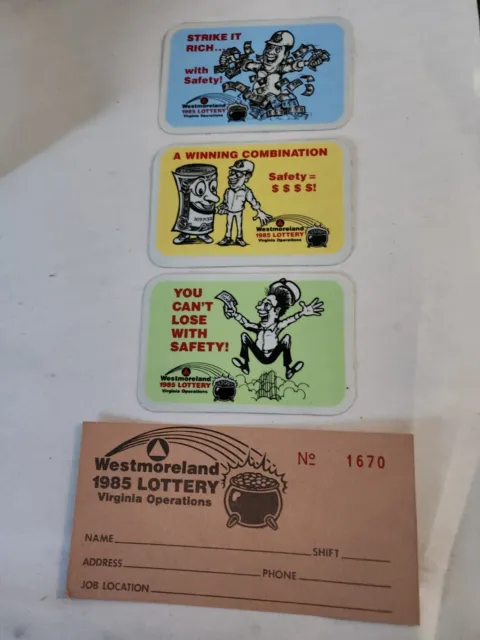 1985 Vintage NOS Westmoreland Virginia Ops Safety Lottery Card & 3 Stickers