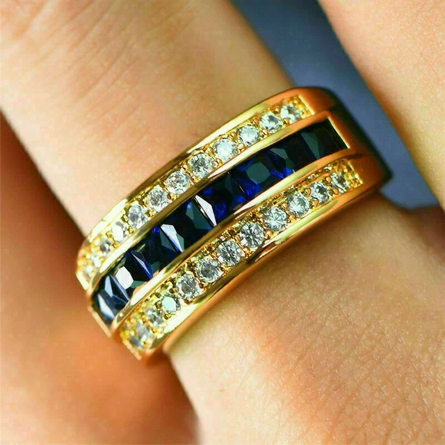 Mens 2.49 Ct Princess Cut Sapphire Simulated Wedding Band 14K Yellow Gold Plated