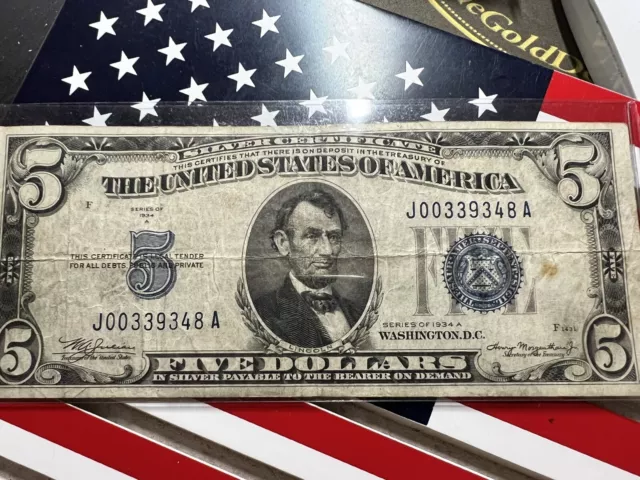 1934 A $5 Five Dollar Bill Silver Certificates Blue Seal Note J00339348A