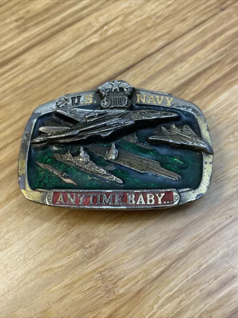 Vintage 1983 US Navy Anytime Baby Enamel Inlay Belt Buckle Painted Pewter KG JD