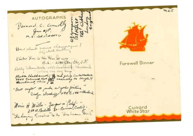 1937 Farewell Dinner Cunard Star White Menu Rms Britannic August 14 Autographed