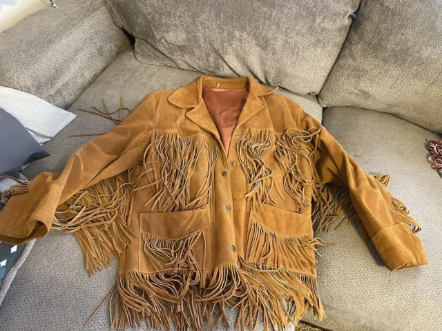 Southwestern Brown Warm Leather Suede Fringed Western Wear Cowboy Jacket Coat