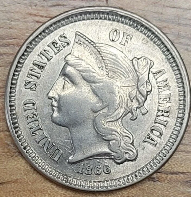 1866 Three 3 Cent Nickel. AU Lustrous Example!