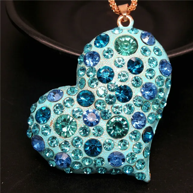 Betsey Johnson Rhinestone Blue Enamel Heart Crystal Pendant Chain Necklace Gift